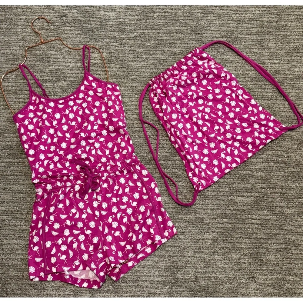 Cosa Bella‎ Girls Tropical Flamingo Romper Pajamas with Drawstring size M